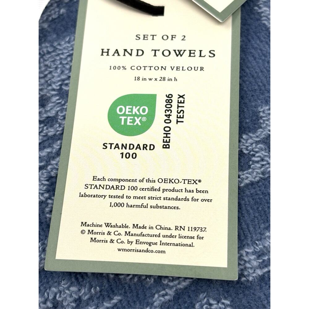 William Morris Co Hand Towels Strawberry Thief Blue Velour NWT Set Of 2 - Picture 5 of 12